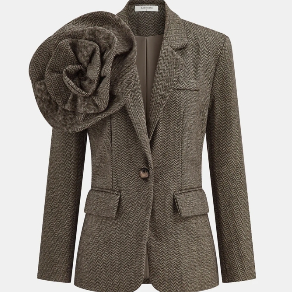 Commense Herringbone Blazer with Floral Statement Flower Accent Detachable L NWT - Picture 4 of 4